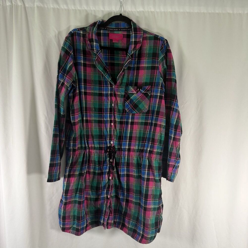 Victoria's Secret Sleep Dress Women's Large Green Blue Plaid Long Sleeve Drawstr